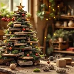 Un sapin de Noël rustique, fait de bois empilé et décoré de mousse et de boules rouges. L'idée de fabriquer un sapin de Noël original prend vie dans cet atelier chaleureux.