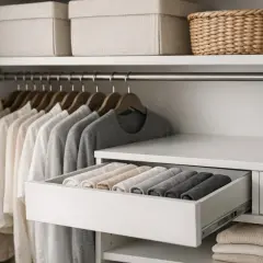 Garde-robe organisée avec vêtements suspendus et tiroir de rangement pour vêtements pliés.