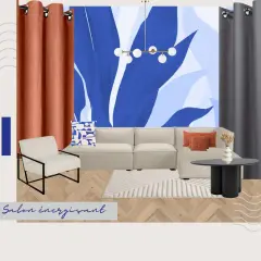 Salon avec papier peint bleu abstrait, canapé beige, fauteuil blanc, rideaux orange et gris.