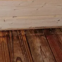 Plancher en bois avec des taches sombres, suggérant une méthode pour comment enlever l'odeur d'urine de chat sur du bois.