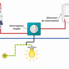 Schéma électrique : disjoncteur, interrupteur simple, détecteur de mouvement et lampe. Le retour lampe interrupteur est bien visible.
