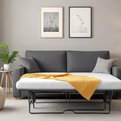Canapé convertible gris ouvert, révélant son matelas blanc et une couverture jaune. Deux cadres avec des herbes séchées ornent le mur.