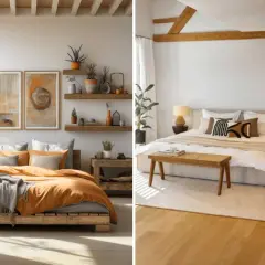 Deux chambres douillettes avec lits confortables, linge de lit orange et gris, et décorations naturelles.