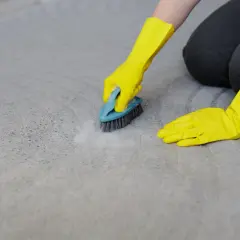 Mains gantées de jaune frottent un tapis gris avec une brosse, montrant comment nettoyer tapis.