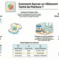 Illustration d'un t-shirt blanc taché de peinture colorée, avec des conseils de nettoyage.