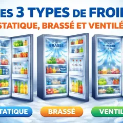 Trois réfrigérateurs ouverts montrant différents types de froid : statique, brassé et ventilé.