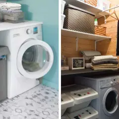 Aménagement d'une buanderie cellier avec lave-linge, paniers à linge et rangements.