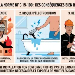 Schéma électrique lumière en série : risque d'incendie, électrocution, refus du consuel. Installation non conforme = dangers.