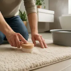 Une personne agenouillée nettoie un tapis blanc avec une brosse. Un seau d'eau est à proximité. Comment nettoyer un tapis blanc efficacement.