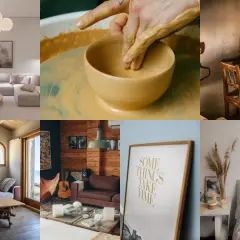 Mise en scène de pièces chaleureuses et artisanales, évoquant le **slow design**. Un atelier de potier, un salon cosy, une chambre paisible.