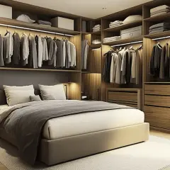 Chambre moderne avec dressing intégré, lit douillet et rangements optimisés.