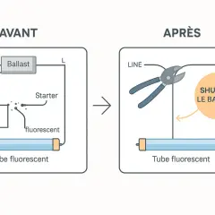 Schéma avant/après pour comment brancher un néon avec interrupteur : on coupe le ballast.