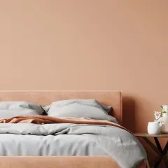Lit douillet dans une chambre aux tons pêche, une belle idée couleur chambre adulte zen. Draps gris, plaid corail et vase fleuri sur table ronde.