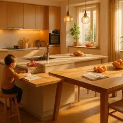 Enfant lisant à côté d'un îlot de cuisine moderne, table en bois avec des fruits et des livres.