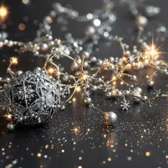 Une guirlande scintillante mêlant perles argentées et touches dorées, avec une boule ornée sur fond sombre. Parfait pour prouver qu'on peut mélanger or et argent en déco.