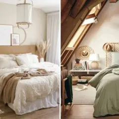 Deux chambres douillettes, l'une beige et blanche, l'autre verte avec un lit sous les combles.