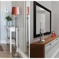 Idées pour aménager une entrée couloir : tapis, console, miroir, lampadaire et porte.