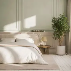 Chambre avec lit blanc, lambris vert pâle et plante verte.