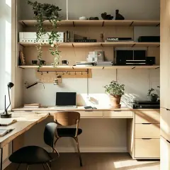 Aménagement bureau lumineux avec bureau en bois brut, étagères remplies de plantes et d'objets déco, et une grande fenêtre.