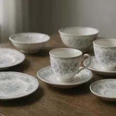 Service à thé et à dessert en porcelaine fine, vaisselle anglaise marque, ornée de motifs floraux bleus délicats.