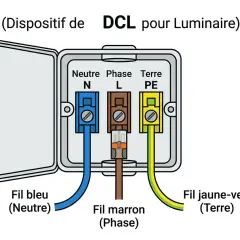 Schéma pour installer boitier DCL : fil bleu (neutre), marron (phase) et jaune-vert (terre) connectés.