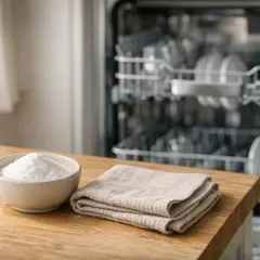 Un bol de bicarbonate de soude et une serviette sur un comptoir en bois, devant un lave-vaisselle ouvert. Idéal pour nettoyer son lave-vaisselle au vinaigre blanc et bicarbonate.
