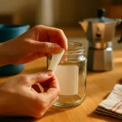 Maintenant, comment enlever de la colle sèche d'une étiquette sur un bocal en verre. Des mains décollent délicatement une étiquette d'un bocal vide.