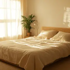 Lit douillet avec draps beiges, plantes vertes et lumière du soleil filtrant à travers les rideaux.
