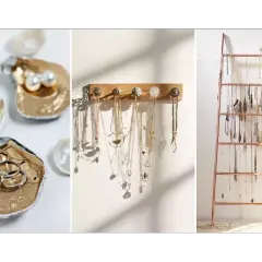 Idées créatives pour comment ranger ses bijoux : coupelles en coquillages dorés, porte-colliers mural, et échelle décorative pour bijoux.