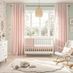 Chambre bébé élégante avec mur fleuri rose poudré, berceau blanc, fauteuil à bascule et commodes.