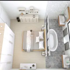 Plan d'une suite parentale : chambre avec lit, dressing spacieux et salle de bain attenante avec baignoire et double vasque.