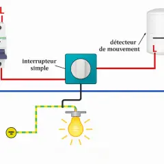 Schéma de branchement d'un détecteur de mouvement avec interrupteur simple et ampoule.