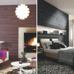 Chambres avec murs lambrissés : une ambiance salon avec cheminée et une chambre moderne avec lit.