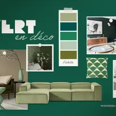 Ambiance douce et apaisante avec des touches de **celadon vert** dans un salon moderne, une cuisine et une palette de couleurs inspirantes.