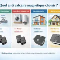 Guide pour choisir un anticalcaire naturel magnétique : robinet, lave-linge, petit logement ou maison complète. Différents modèles et puissances (Gauss) sont présentés.