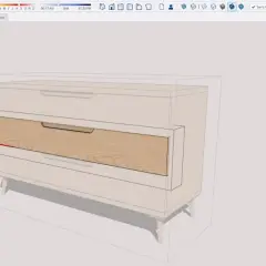 Un dessin meuble 3d d'une commode en bois clair, avec un tiroir texturé. La palette de matériaux et de couleurs est visible à droite.