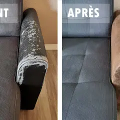 Avant/après : un accoudoir de canapé abîmé est réparé et retrouve une nouvelle jeunesse avec une finition marron.