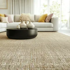 Un salon cosy avec un tapis en jonc de mer. Son entretien facile en fait un choix idéal pour un intérieur moderne et naturel.