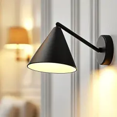 Un élégant point lumineux en applique noir projette une douce lumière sur un mur orné de moulures.