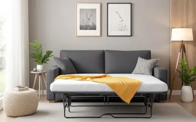 Canapé convertible gris ouvert, révélant son matelas blanc et une couverture jaune. Deux cadres avec des herbes séchées ornent le mur.