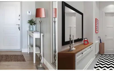 Idées pour aménager une entrée couloir : tapis, console, miroir, lampadaire et porte.