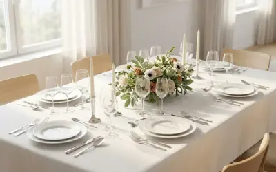 Disposition couvert élégante pour un dîner : assiettes, verres à pied, bougies et un bouquet floral au centre.