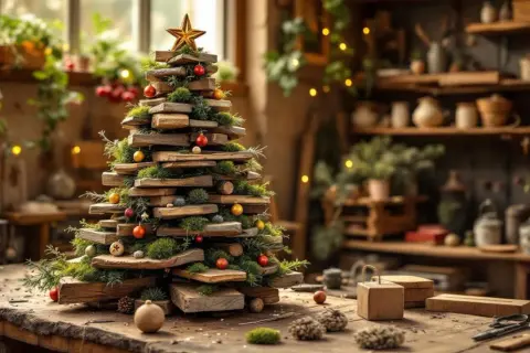 Un sapin de Noël rustique, fait de bois empilé et décoré de mousse et de boules rouges. L'idée de fabriquer un sapin de Noël original prend vie dans cet atelier chaleureux.