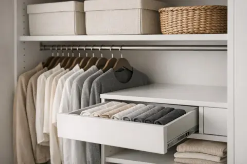 Garde-robe organisée avec vêtements suspendus et tiroir de rangement pour vêtements pliés.