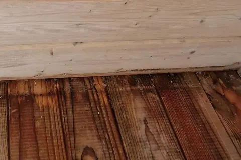 Plancher en bois avec des taches sombres, suggérant une méthode pour comment enlever l'odeur d'urine de chat sur du bois.