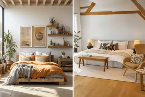 Deux chambres douillettes avec lits confortables, linge de lit orange et gris, et décorations naturelles.