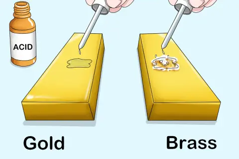 Test d'acide pour comment reconnaître du laiton : l'or ne réagit pas, le laiton réagit et mousse.