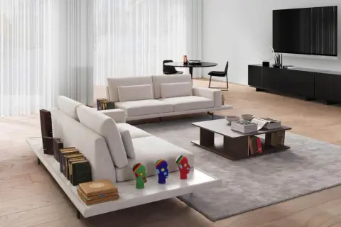 Un salon moderne avec un canapé face à face et une TV. Des livres décorent les accoudoirs et une table basse.