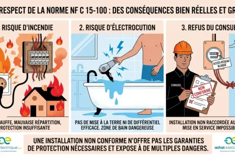 Schéma électrique lumière en série : risque d'incendie, électrocution, refus du consuel. Installation non conforme = dangers.