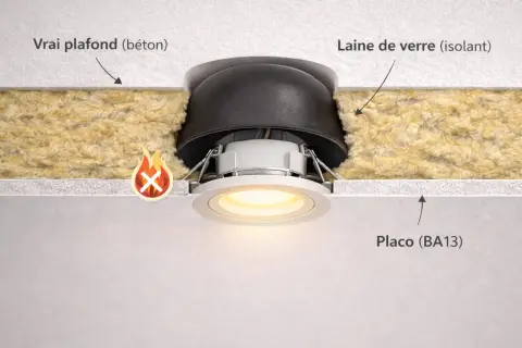 Spot encastré dans un plafond en Placo, avec isolant en laine de verre et un avertissement de danger.